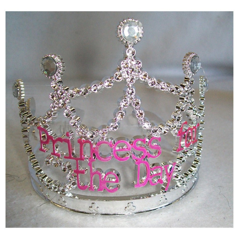 Premium Princess for the Day Silver Rhinestone Tiara with Pink Lettering