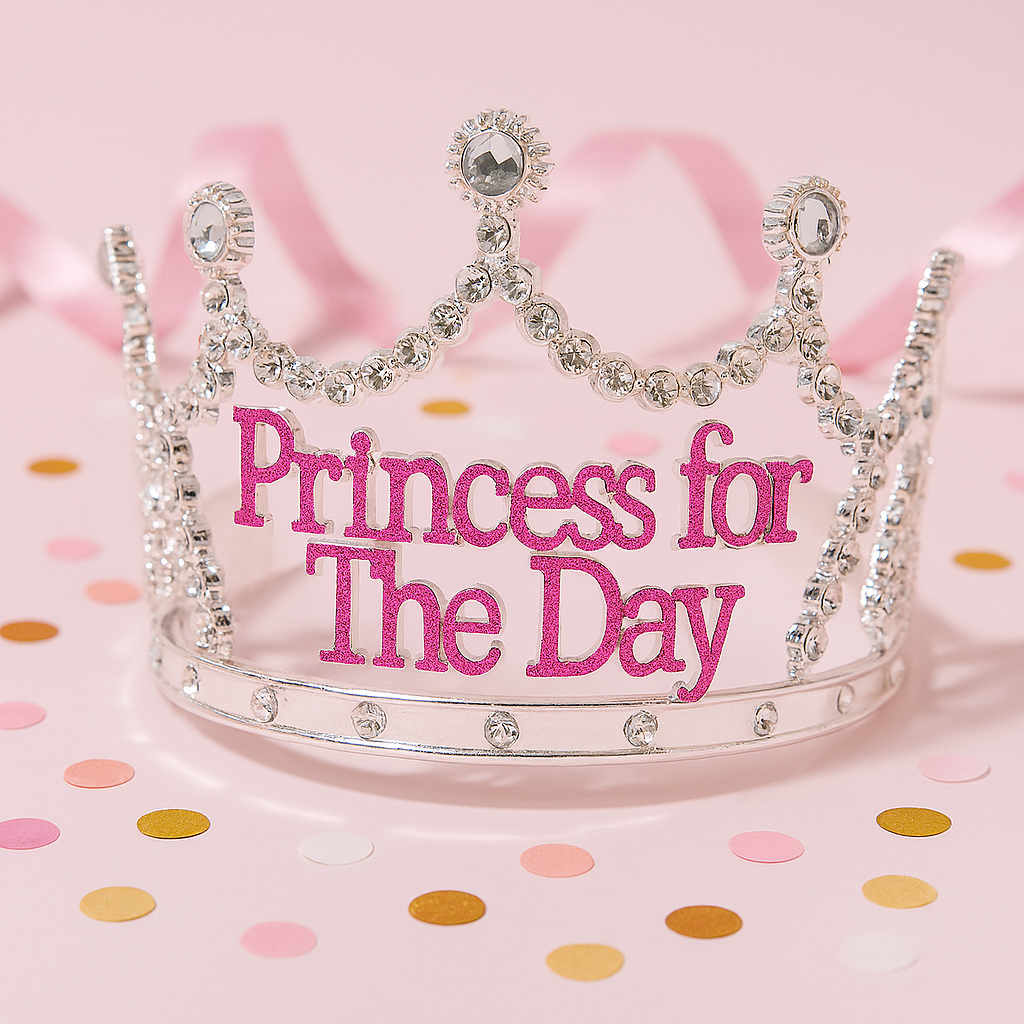 Premium Princess for the Day Silver Rhinestone Tiara with Pink Lettering