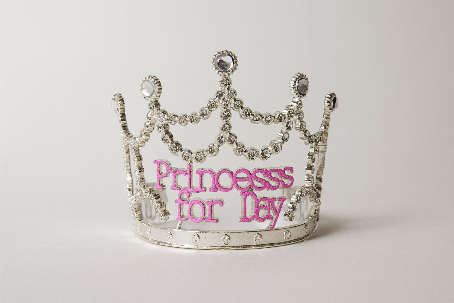 Premium Princess for the Day Silver Rhinestone Tiara with Pink Lettering
