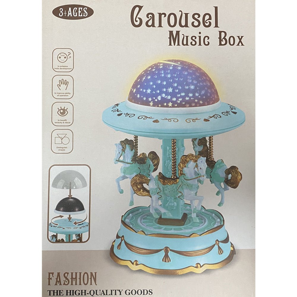 Blue Music Box Carousel Horse with LED Lights - Kid's Gift
