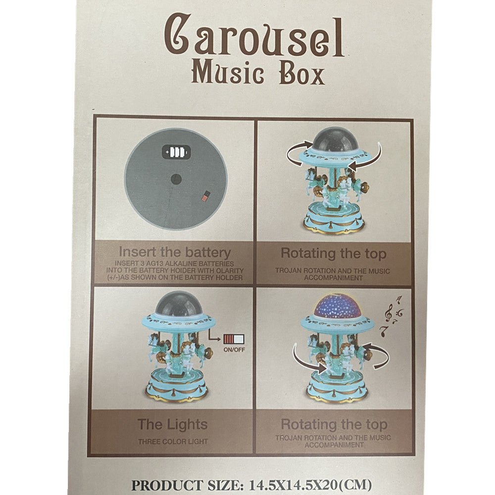 Blue Music Box Carousel Horse with LED Lights - Kid's Gift