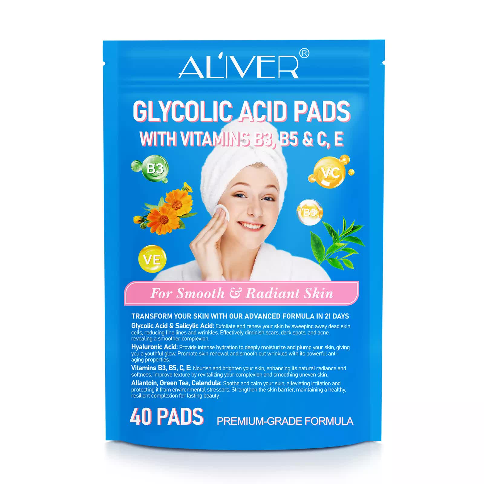 ALIVER Glycolic Acid Pads with Vitamins B3, B5, C, E - 40 Pads for Exfoliation - SuperSaverAU - view 1