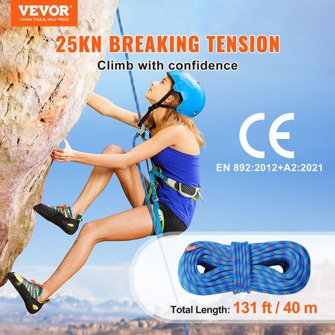 Premium Blue 10.2mm Dynamic Climbing Rope 40m with Steel Snap Hooks