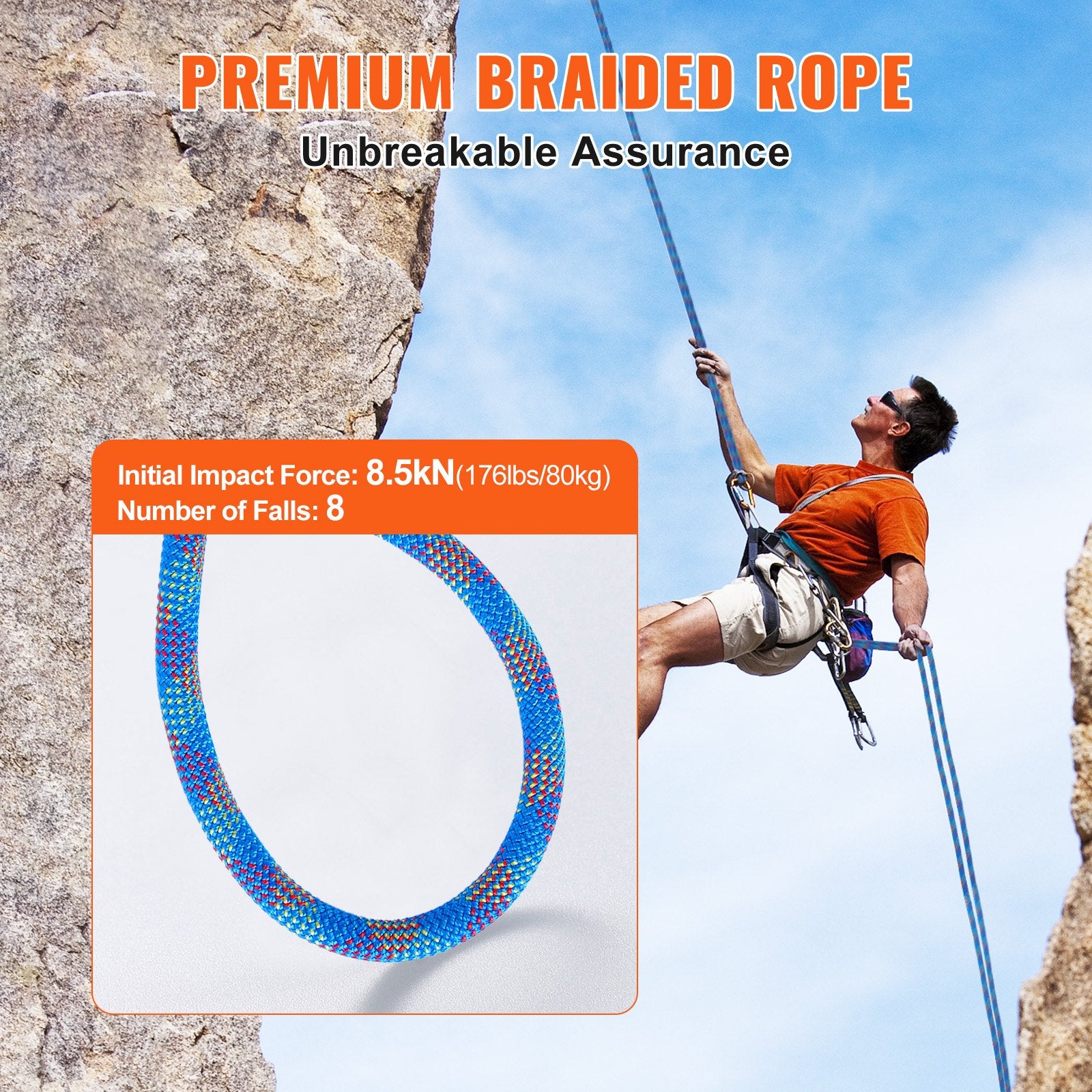 Premium Blue 10.2mm Dynamic Climbing Rope 40m with Steel Snap Hooks