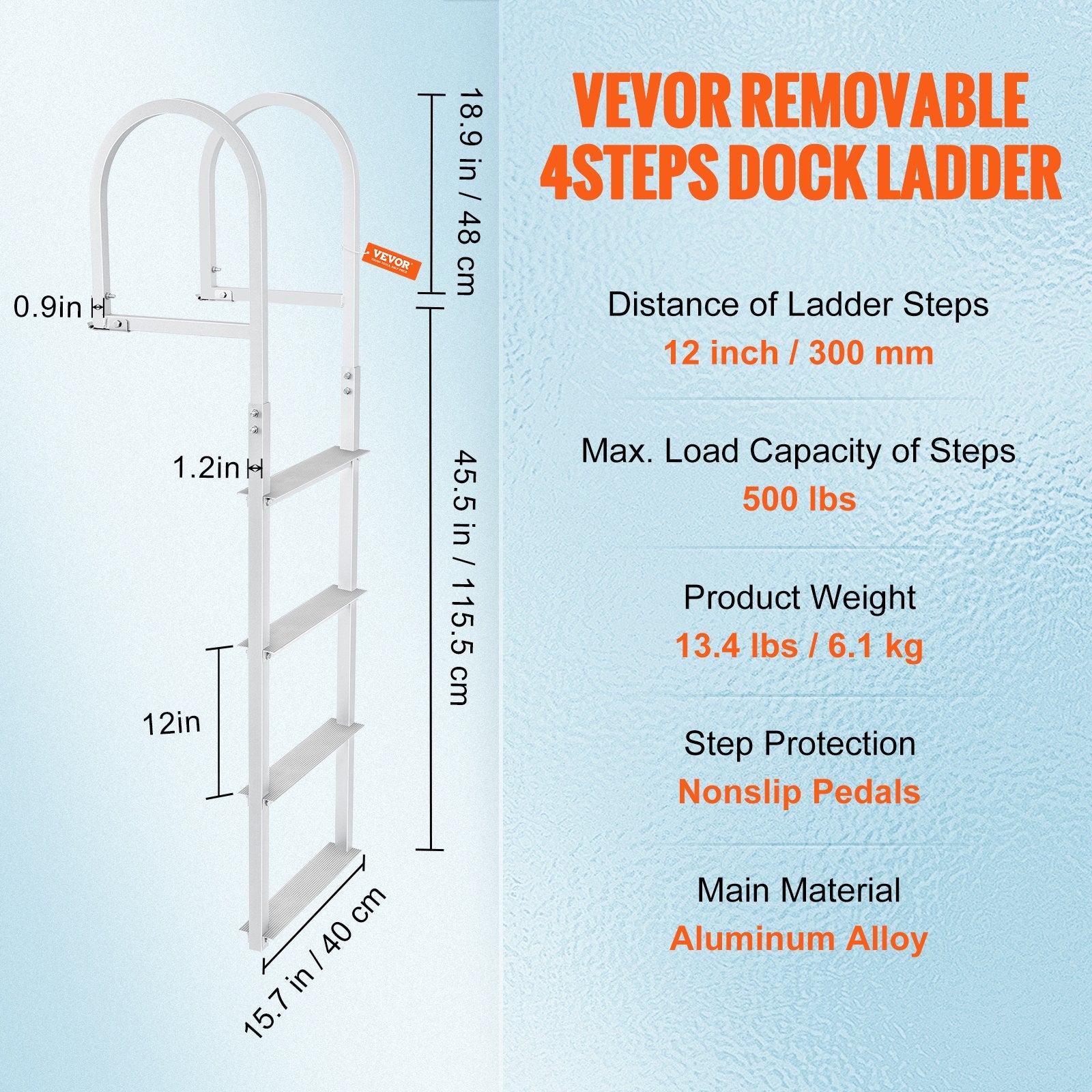 Premium 4 Step Removable Aluminium Dock Ladder 500lbs Capacity