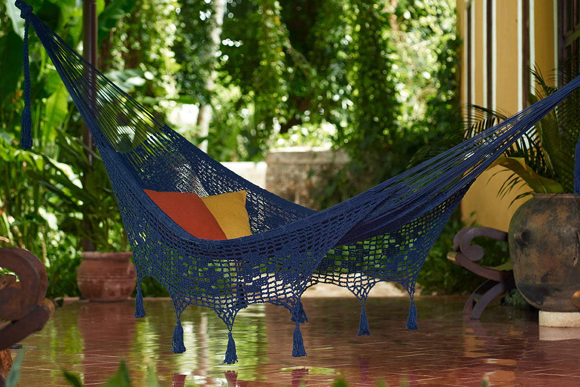 Mayan Legacy King Size Hammock - Handwoven Cotton with Crocheted Tassels, Blue - SuperSaverAU - view 1