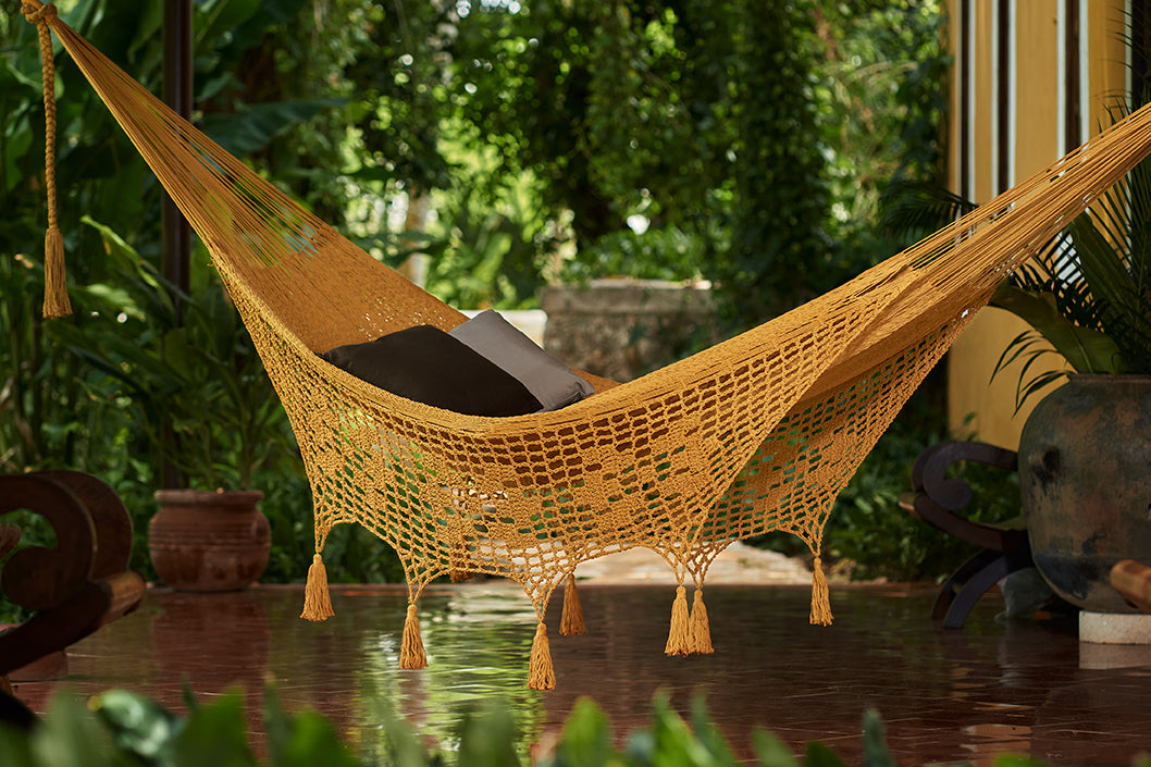 Mayan Legacy King Size Mustard Hammock - Hand Woven Cotton with Tassels - SuperSaverAU - view 2