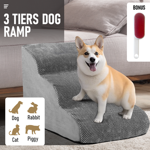 Premium 3-Tier Foam Dog Ramp with Washable Corduroy Cover - Grey
