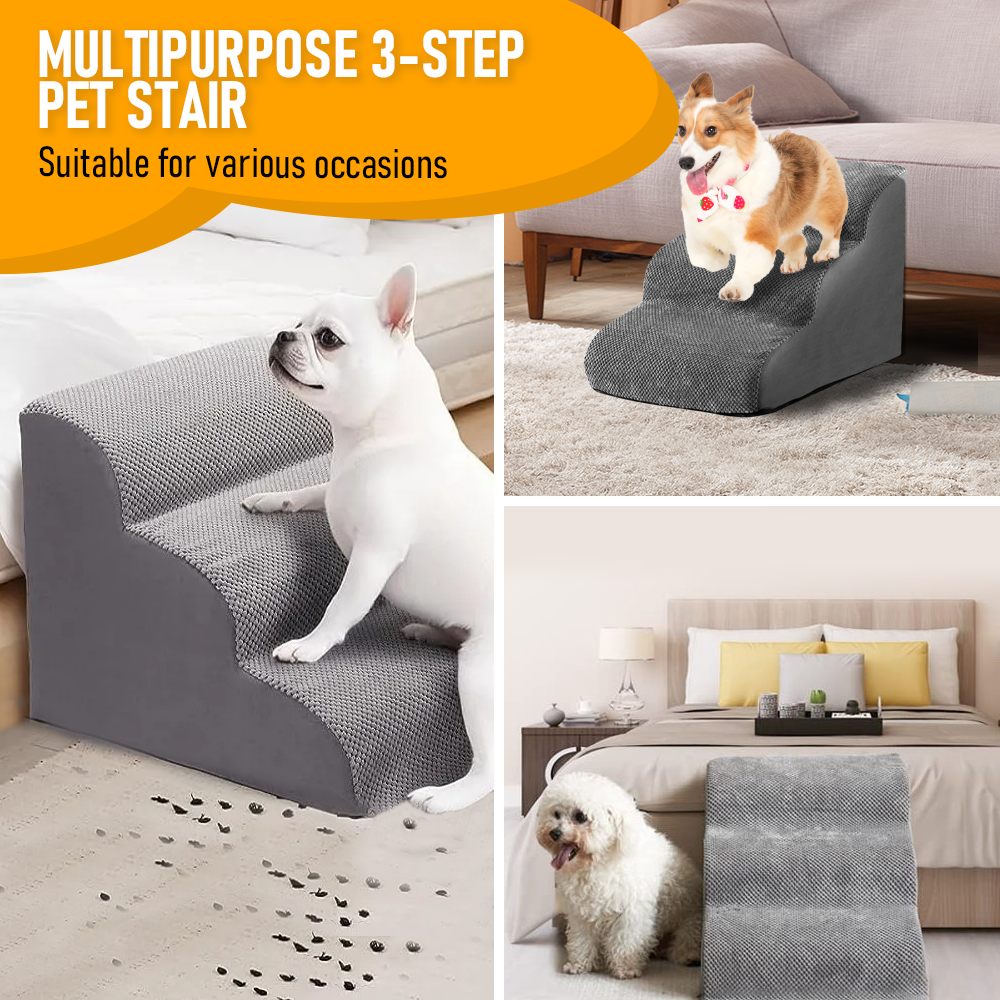 Premium 3-Tier Foam Dog Ramp with Washable Corduroy Cover - Grey