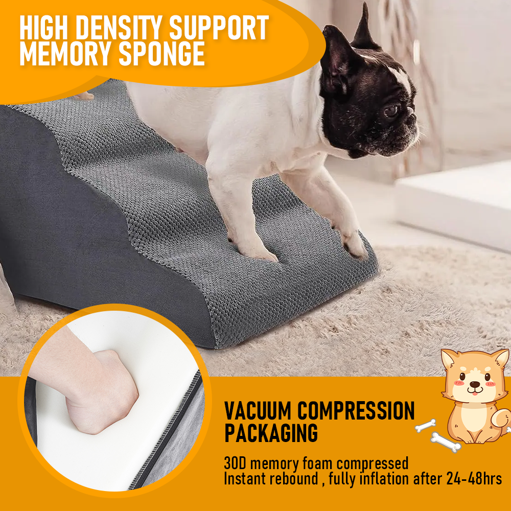 Premium 3-Tier Foam Dog Ramp with Washable Corduroy Cover - Grey