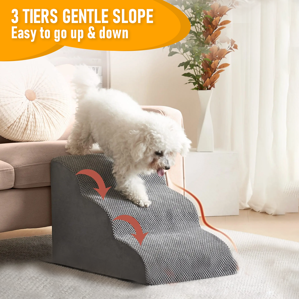 Premium 3-Tier Foam Dog Ramp with Washable Corduroy Cover - Grey
