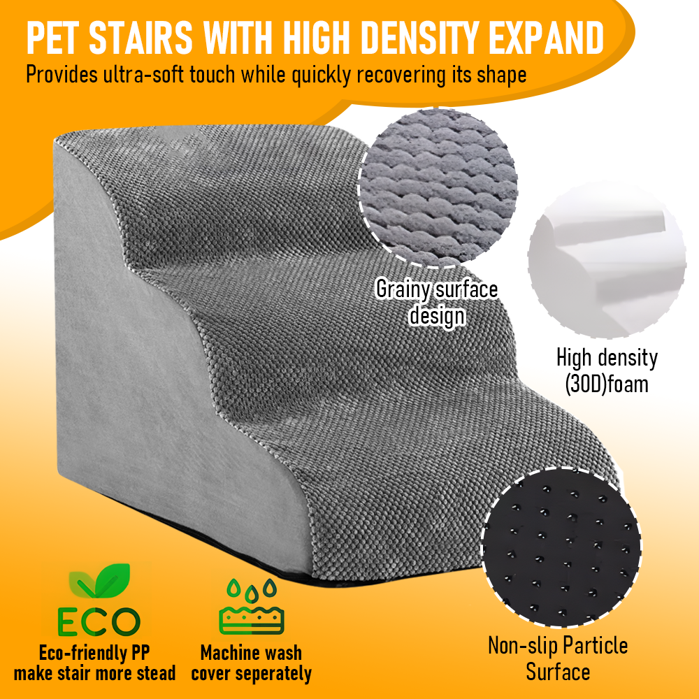 Premium 3-Tier Foam Dog Ramp with Washable Corduroy Cover - Grey