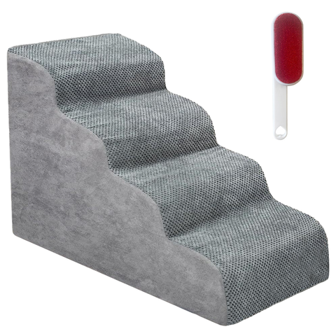 Premium 4-Tier Foam Dog Ramp with Non-Slip Suede Cover - Grey