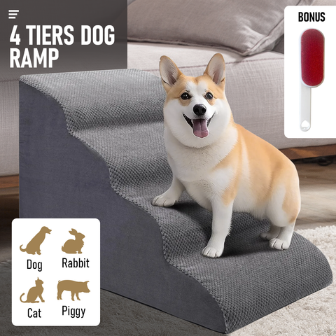 Premium 4-Tier Foam Dog Ramp with Non-Slip Suede Cover - Grey