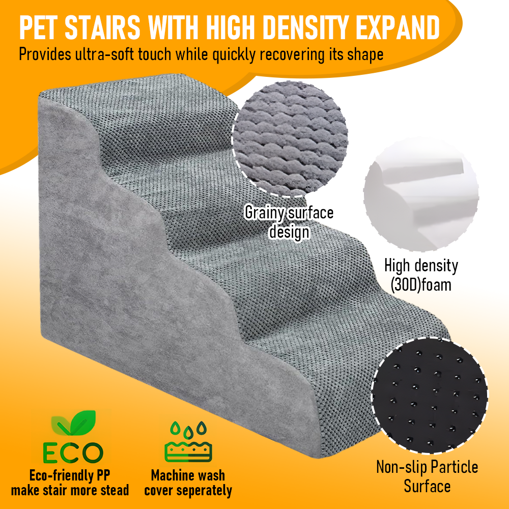 Premium 4-Tier Foam Dog Ramp with Non-Slip Suede Cover - Grey