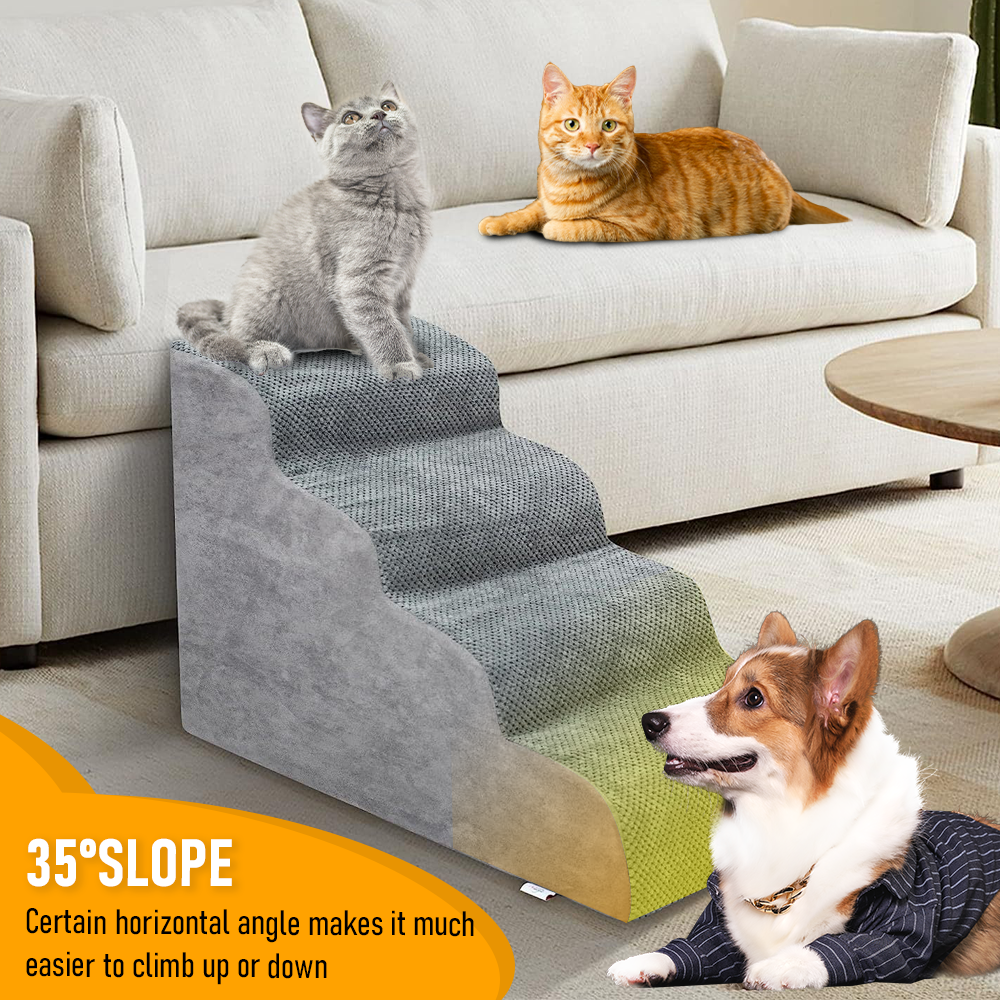 Premium 4-Tier Foam Dog Ramp with Non-Slip Suede Cover - Grey