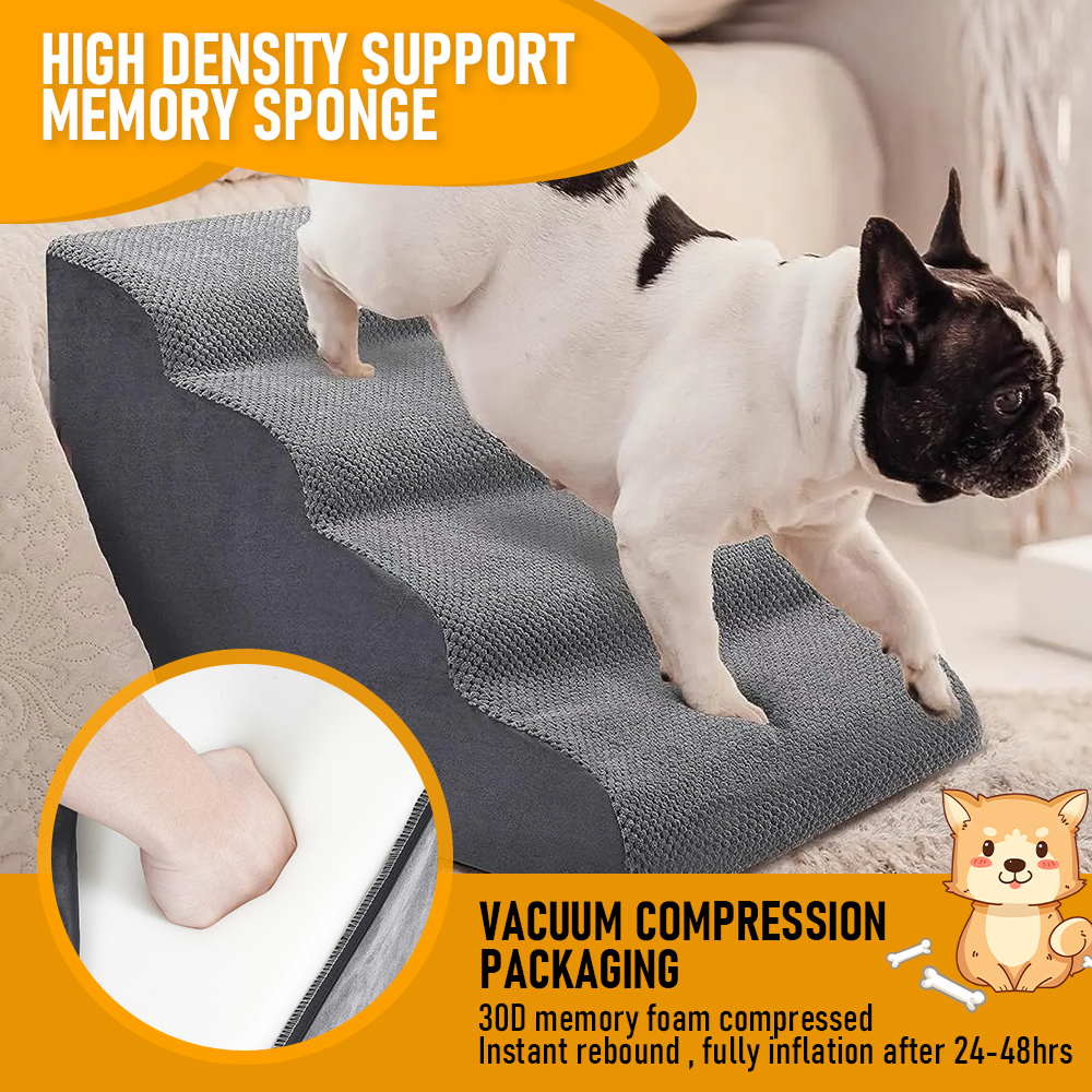 Premium 4-Tier Foam Dog Ramp with Non-Slip Suede Cover - Grey