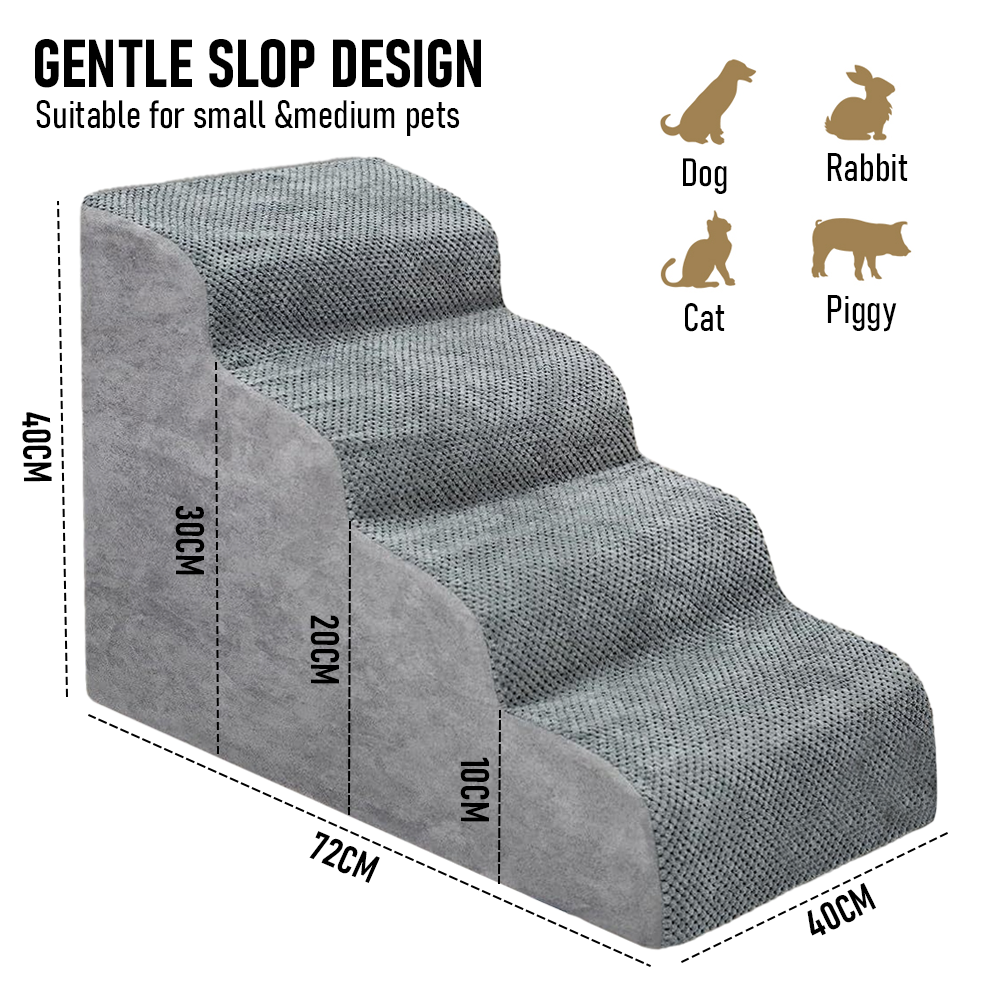 Premium 4-Tier Foam Dog Ramp with Non-Slip Suede Cover - Grey