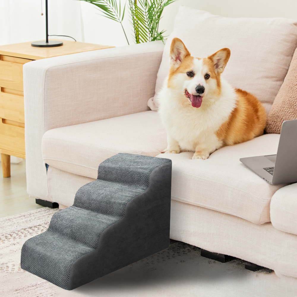 Premium 4-Tier Foam Dog Ramp with Non-Slip Suede Cover - Grey
