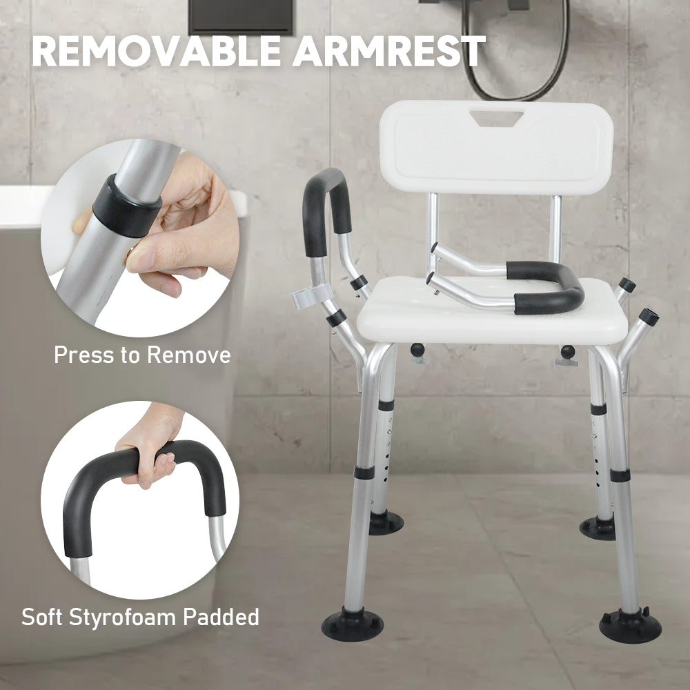 Adjustable Non-Slip Shower Seat with Padded Arms Removable Backrest and Aluminium Frame