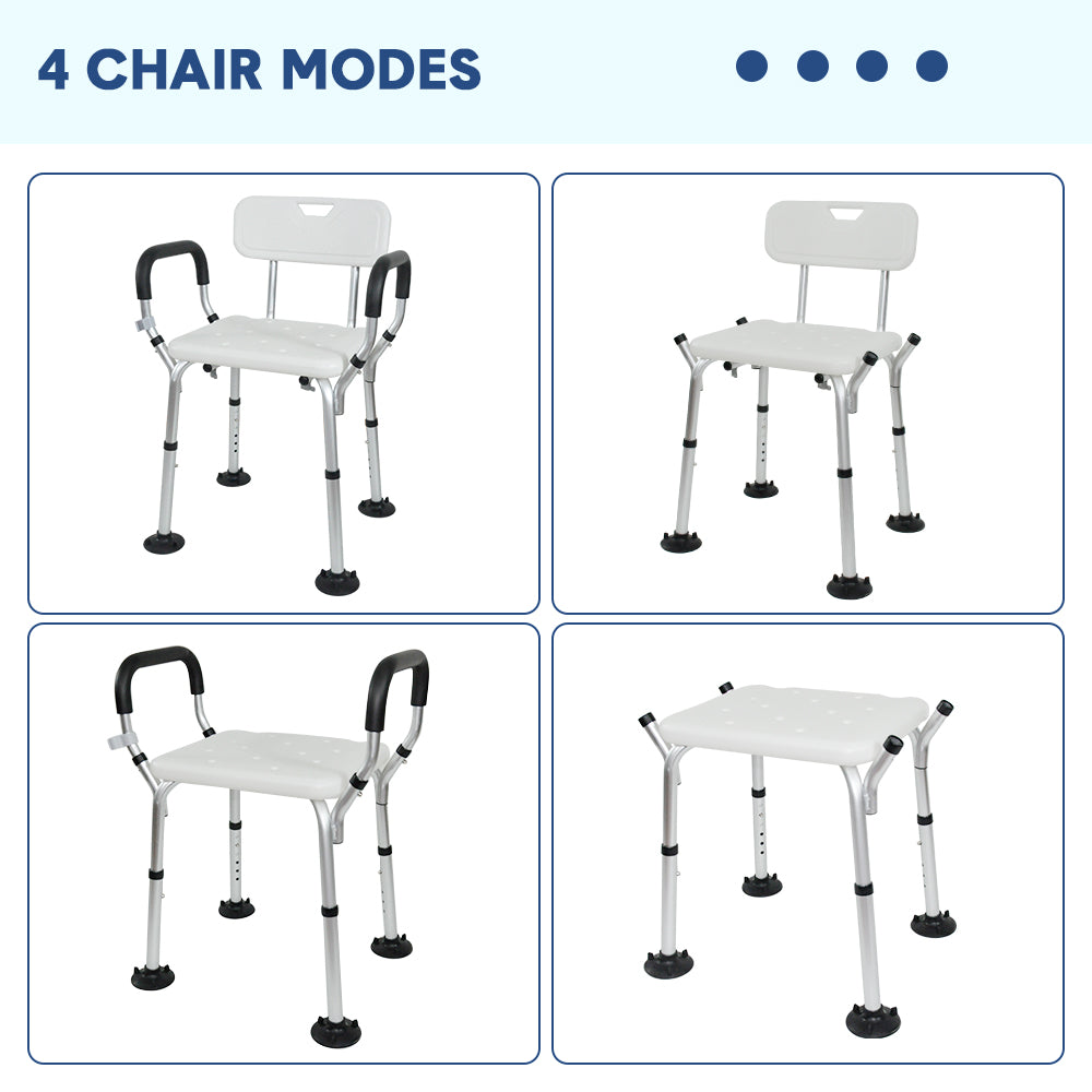 Adjustable Non-Slip Shower Seat with Padded Arms Removable Backrest and Aluminium Frame