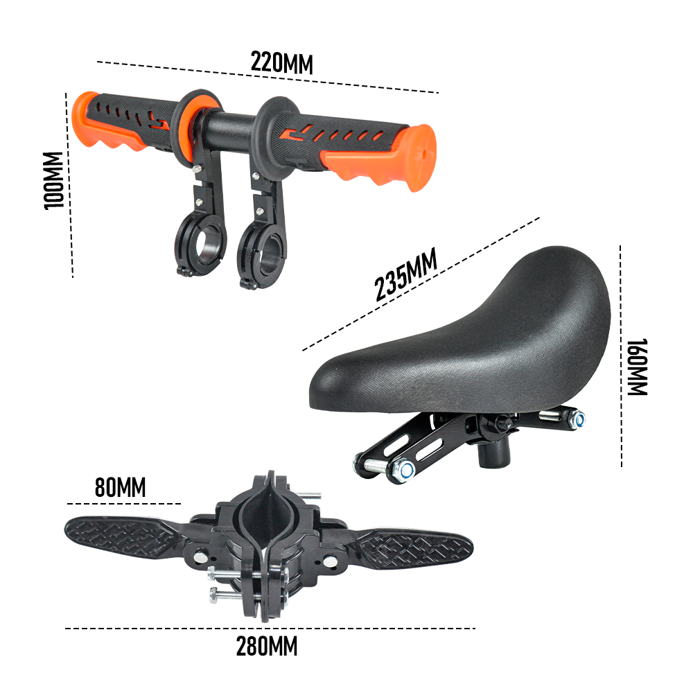 Premium Black 3-in-1 Kids Front Bike Seat with Handlebar & Foot Pedal