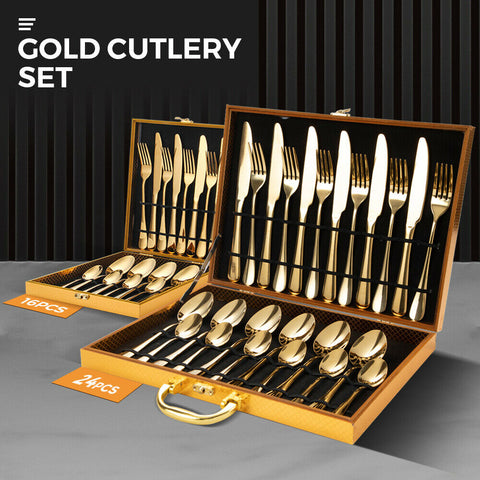 Premium Gold Stainless Steel Cutlery Set – 24 Piece with Carry Box