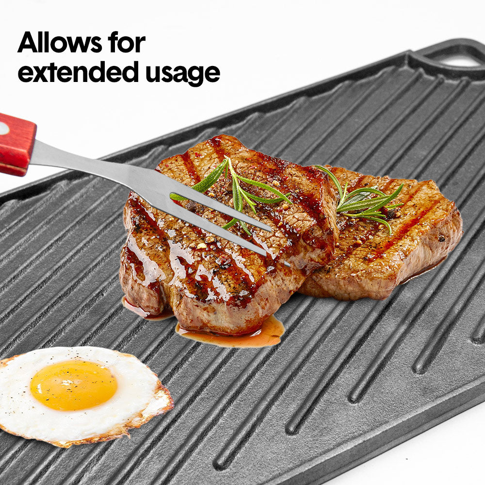 Premium Reversible Cast Iron Griddle – Black 43 x 24cm, Flat & Grooved