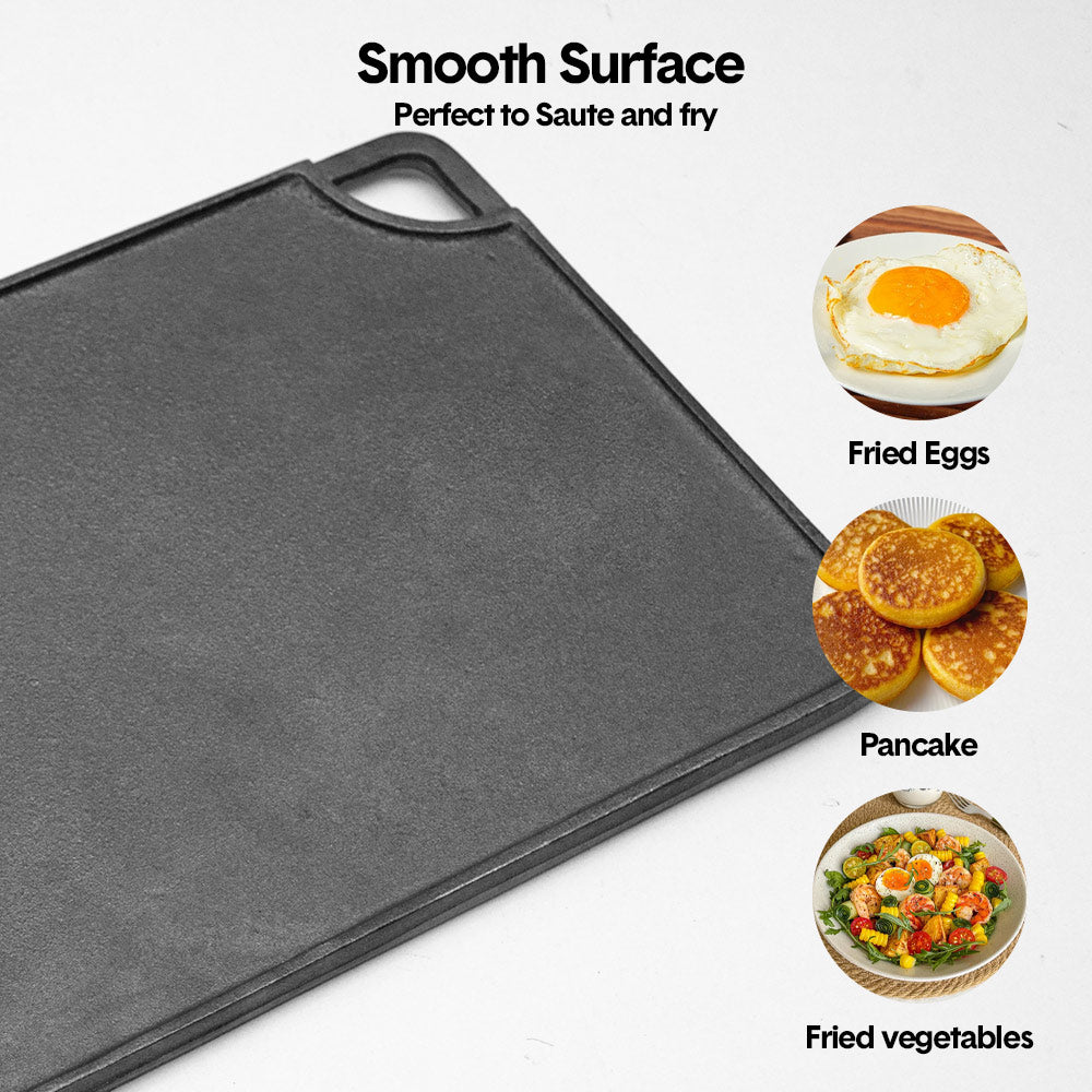 Premium Reversible Cast Iron Griddle – Black 43 x 24cm, Flat & Grooved