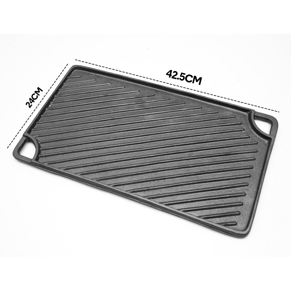 Premium Reversible Cast Iron Griddle – Black 43 x 24cm, Flat & Grooved