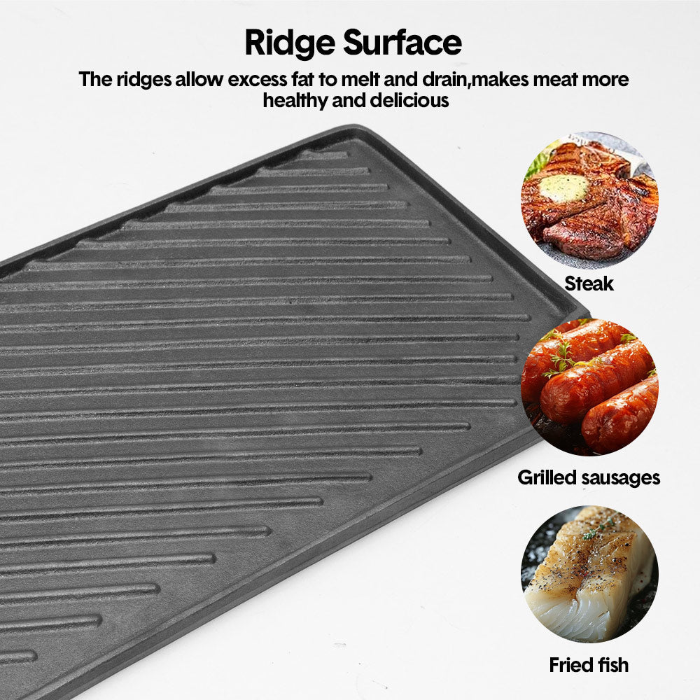 Premium Reversible Cast Iron Griddle – Black 43 x 24cm, Flat & Grooved