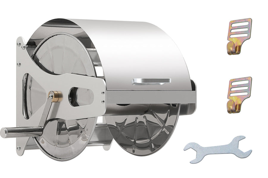 Premium Silver Stainless Steel Garden Hose Reel with Cover & Crank Handle