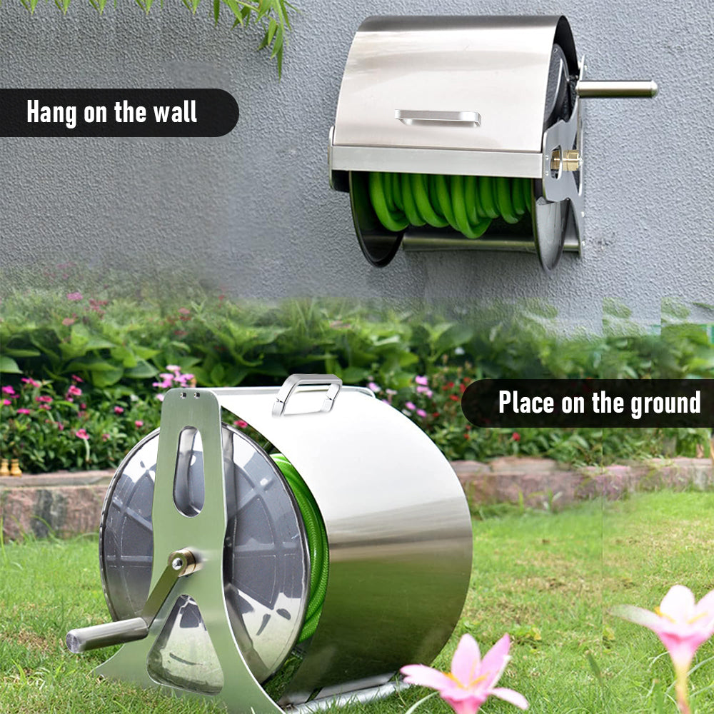 Premium Silver Stainless Steel Garden Hose Reel with Cover & Crank Handle