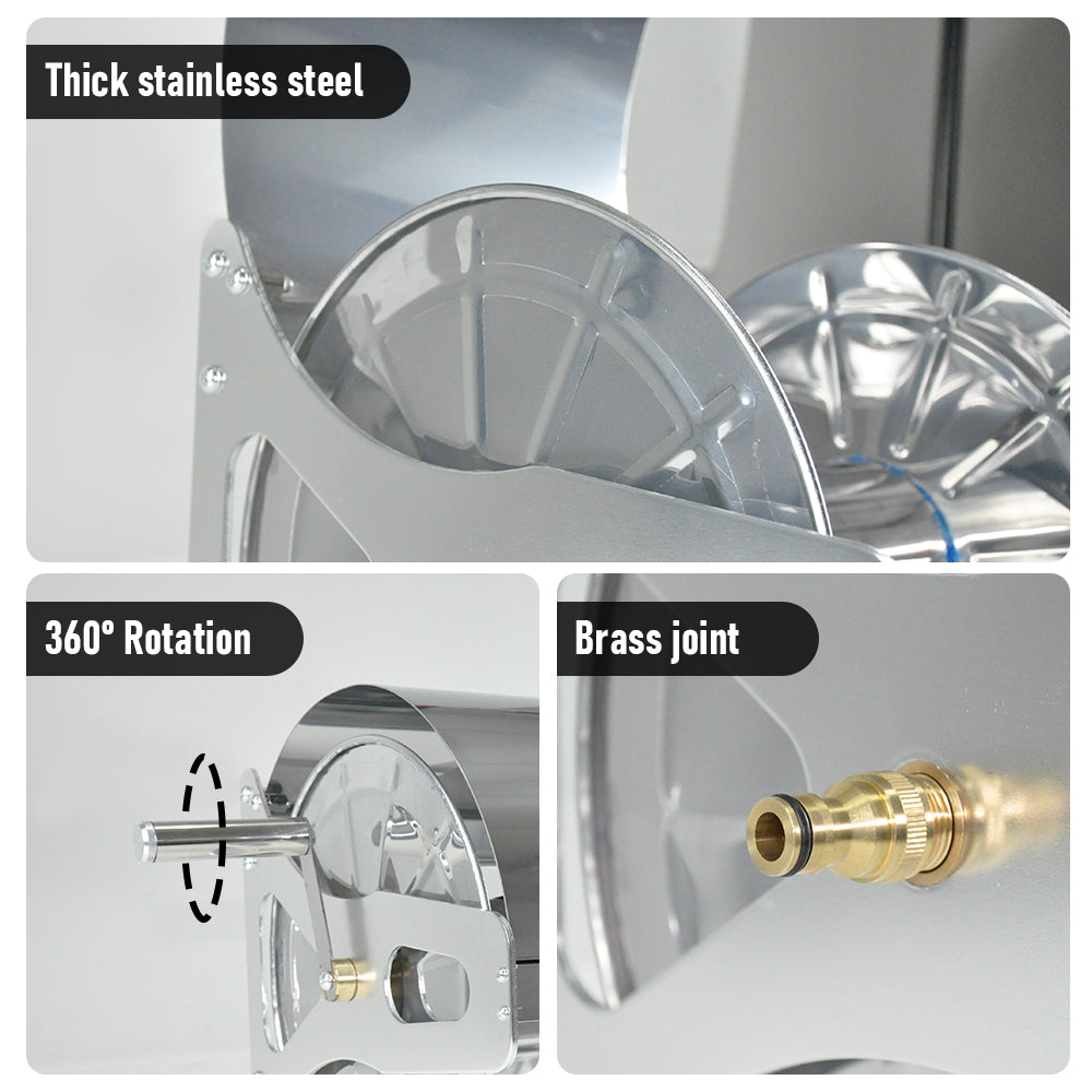 Premium Silver Stainless Steel Garden Hose Reel with Cover & Crank Handle