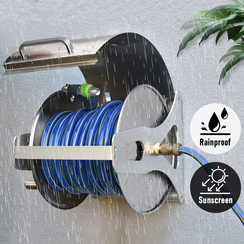 Premium Silver Stainless Steel Garden Hose Reel with Cover & Crank Handle