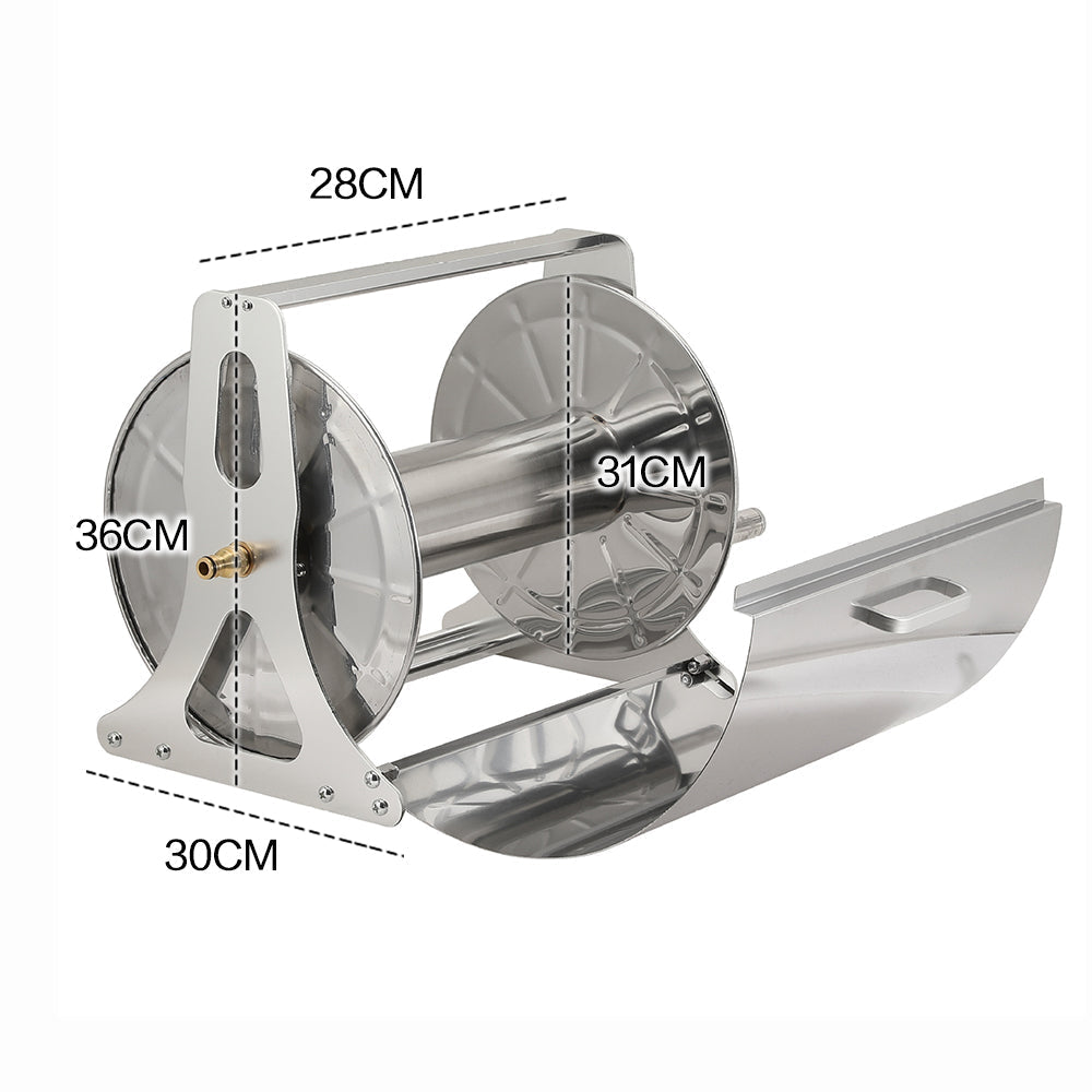 Premium Silver Stainless Steel Garden Hose Reel with Cover & Crank Handle