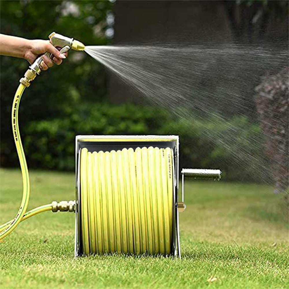 Premium Silver Stainless Steel Garden Hose Reel with Cover & Crank Handle
