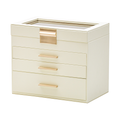 Ivory 4 Layer PU Leather Jewellery Box with Glass Lid Velvet Lining and 3 Drawers
