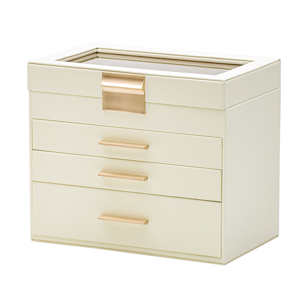 Ivory 4 Layer PU Leather Jewellery Box with Glass Lid Velvet Lining and 3 Drawers