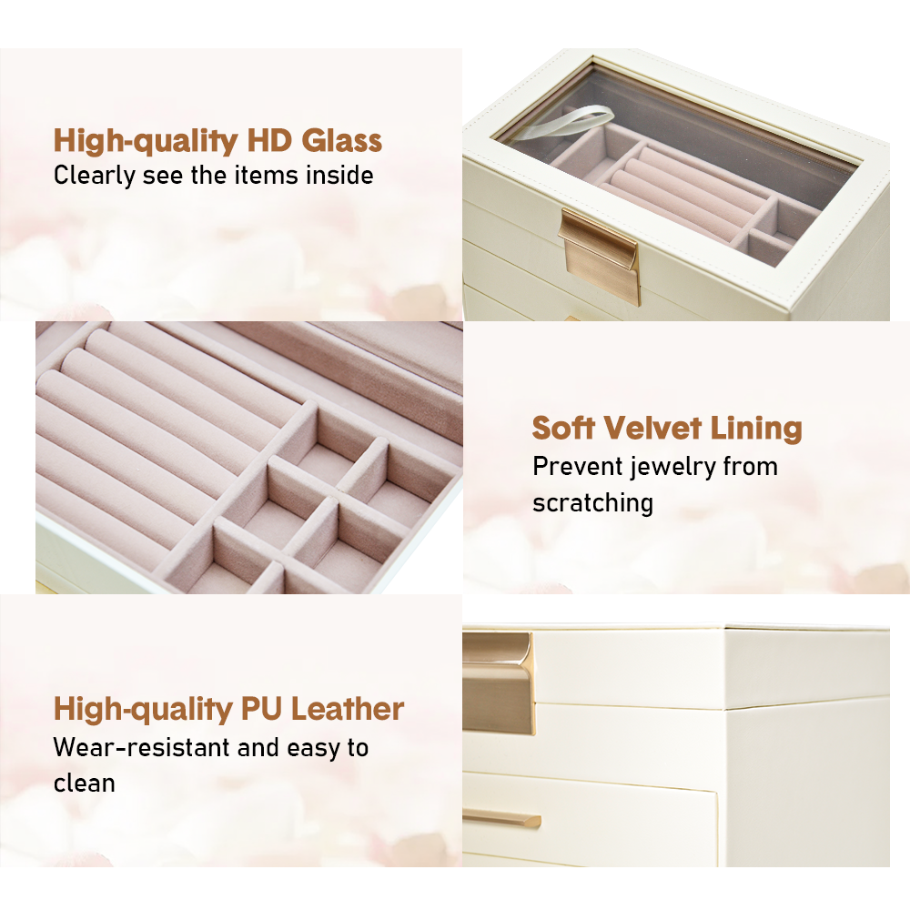 Ivory 4 Layer PU Leather Jewellery Box with Glass Lid Velvet Lining and 3 Drawers