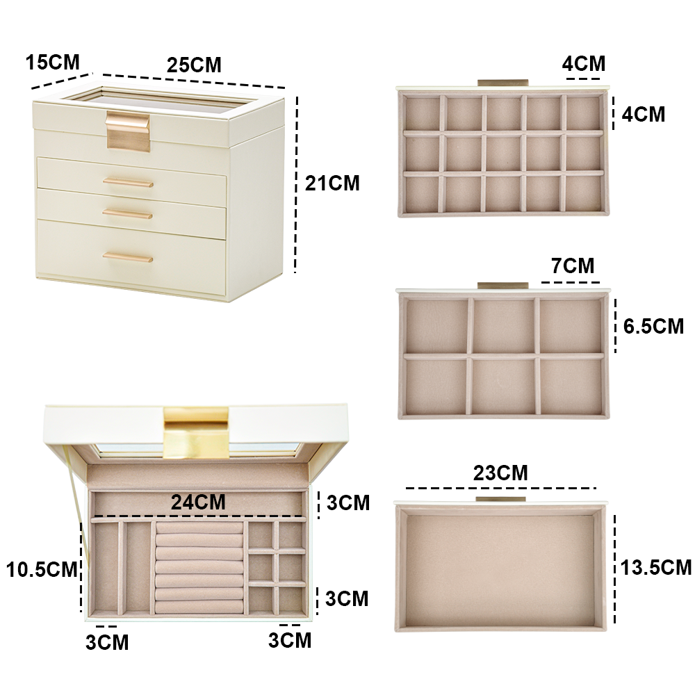 Ivory 4 Layer PU Leather Jewellery Box with Glass Lid Velvet Lining and 3 Drawers