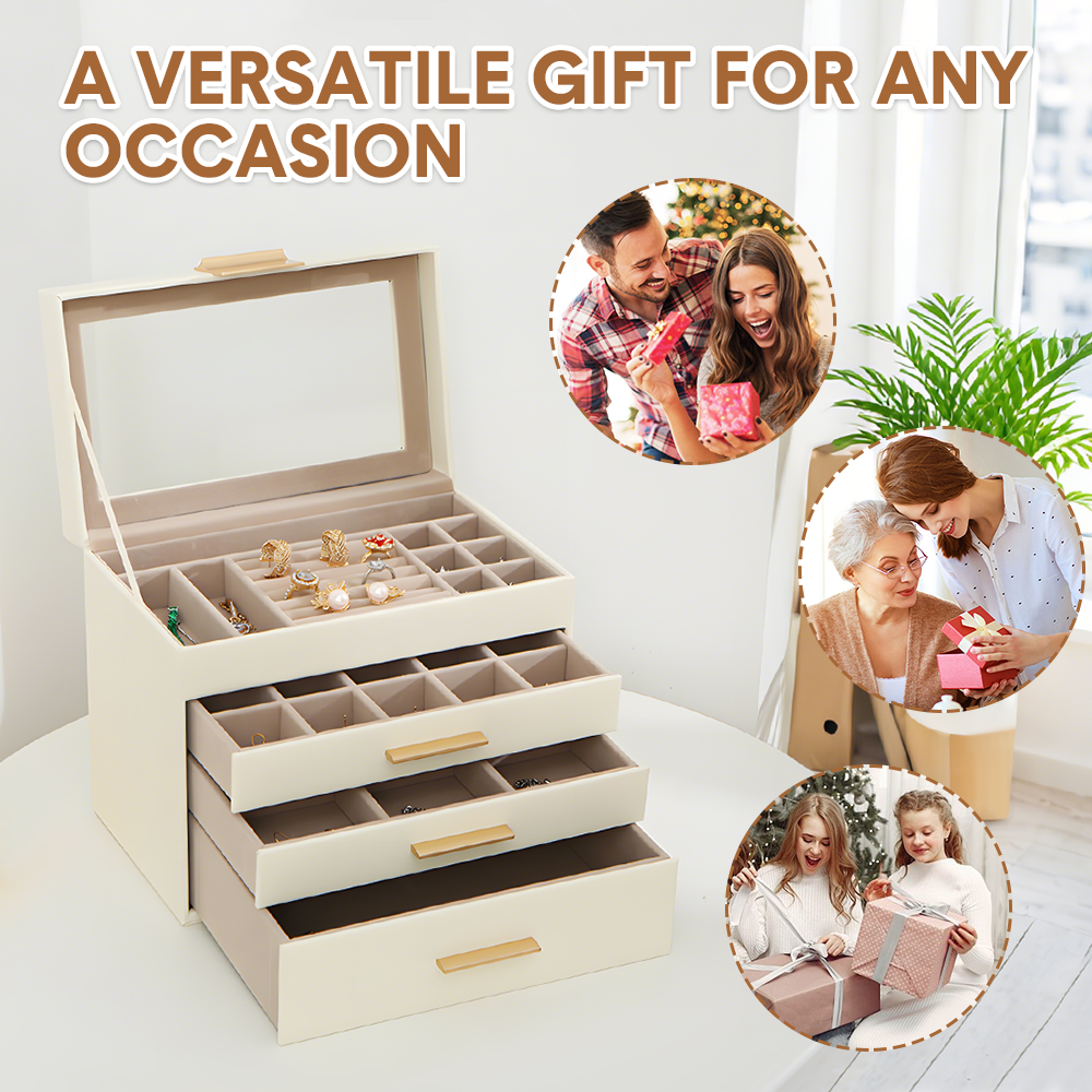 Ivory 4 Layer PU Leather Jewellery Box with Glass Lid Velvet Lining and 3 Drawers