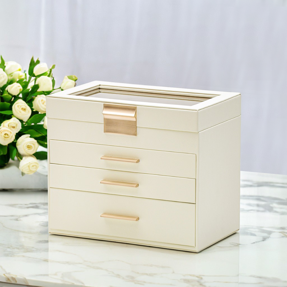 Ivory 4 Layer PU Leather Jewellery Box with Glass Lid Velvet Lining and 3 Drawers