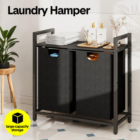 Premium Laundry Hamper – Black/Rustic Brown with MDF Shelf & 2 Pull-Out Bags
