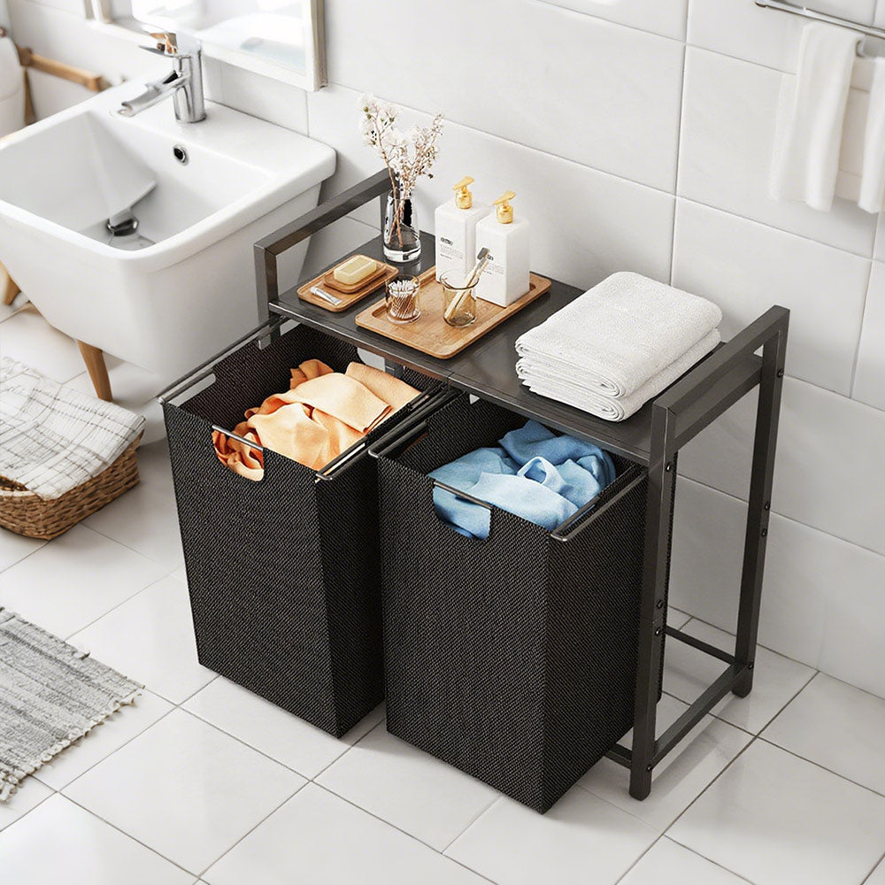 Premium Laundry Hamper – Black/Rustic Brown with MDF Shelf & 2 Pull-Out Bags