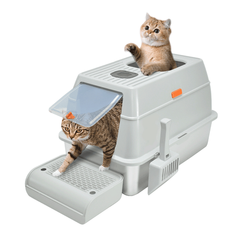 Premium 20L Enclosed Cat Litter Box with Stainless Steel Tray - Light Grey