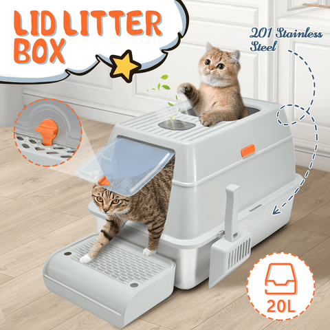 Premium 20L Enclosed Cat Litter Box with Stainless Steel Tray - Light Grey