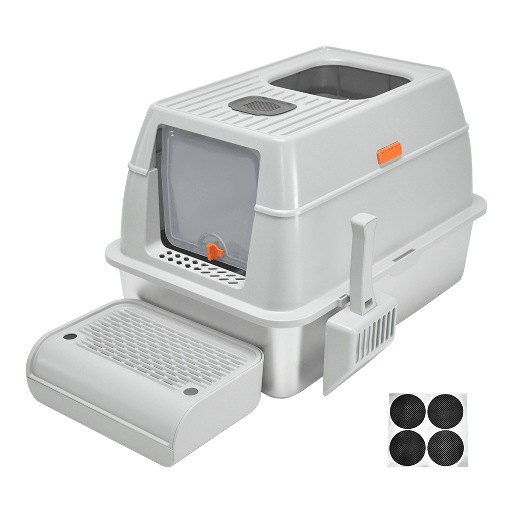 Premium 20L Enclosed Cat Litter Box with Stainless Steel Tray - Light Grey