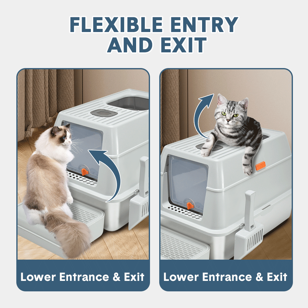 Premium 20L Enclosed Cat Litter Box with Stainless Steel Tray - Light Grey