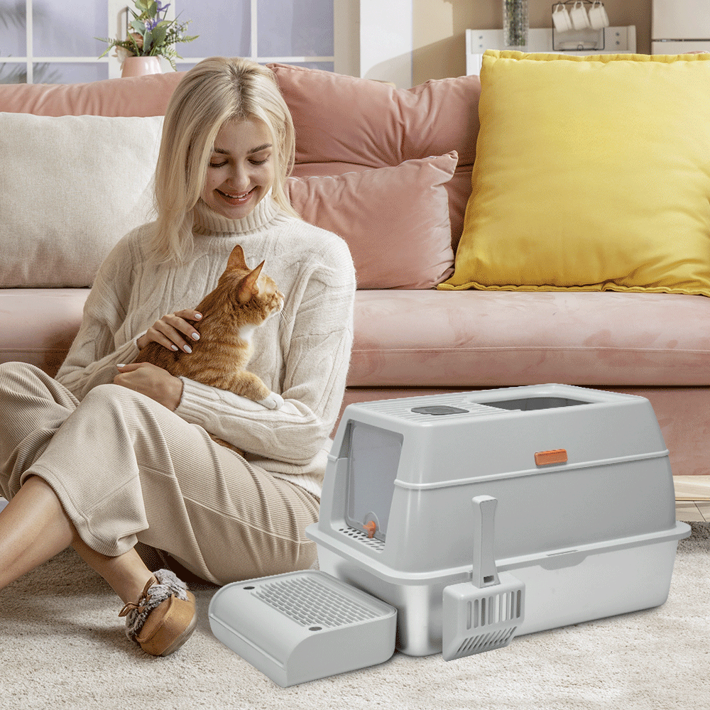 Premium 20L Enclosed Cat Litter Box with Stainless Steel Tray - Light Grey